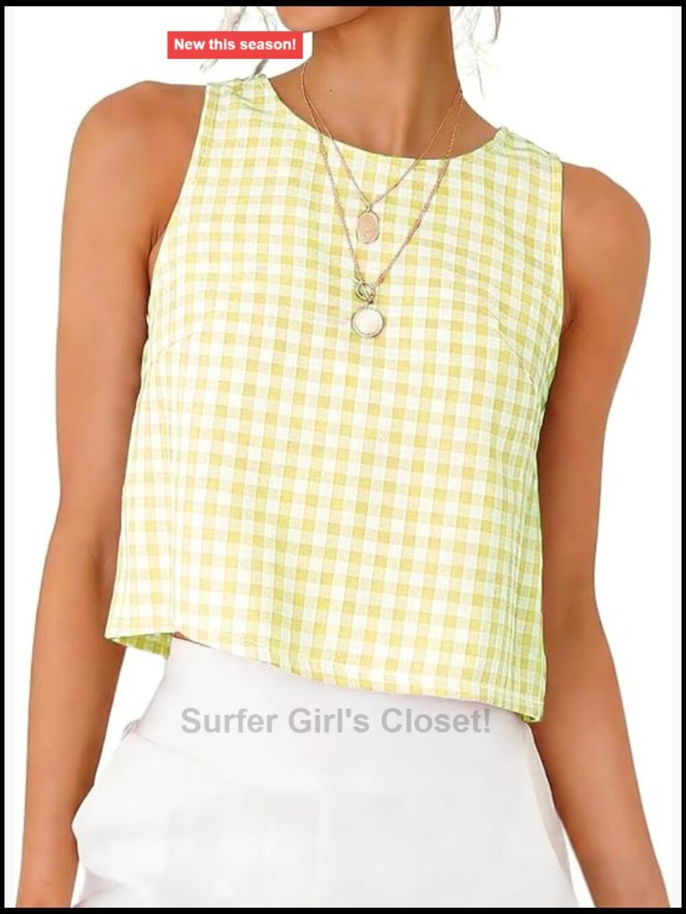 Womens Gingham Crop Tank Sleeveless Cotton Blend Top High Neck